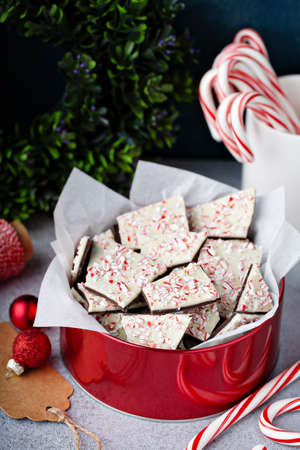 Homemade peppermint bark, white and dark chocolate with crushed candy canesの写真素材