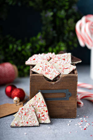 Homemade peppermint bark, white and dark chocolate with crushed candy canesの写真素材