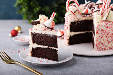 Peppermint bark and chocolate cake for Christmas on a festive backgroundの写真素材