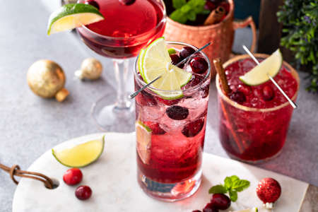 Variety of festive Christmas cocktails with cranberry and limeの写真素材