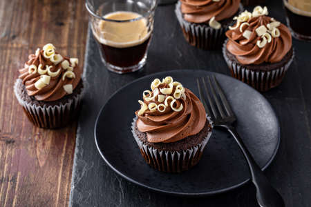 Dark chocolate coffee cupcakes with whipped coffee ganache frostingの写真素材