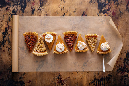 Variety of fall pie slices on parchment paperの写真素材