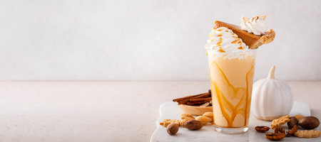 Pumpkin pie milkshake with caramel syrup and whipped creamの写真素材