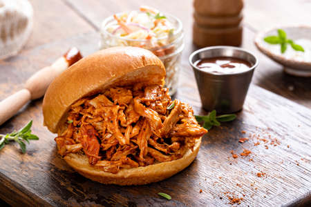 Pulled bbq chicken on a brioche bunの写真素材