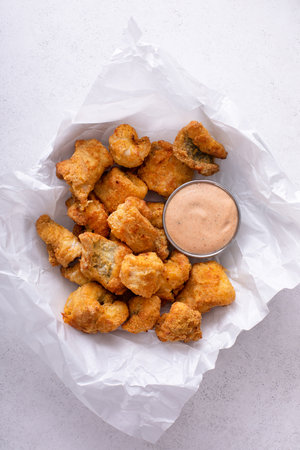 Fried catfish nuggets served with remoulade sauceの写真素材