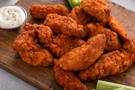 Buffalo chicken fingers served with celery and ranchの写真素材