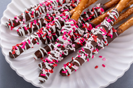 Valentines day treat, chocolate covered pretzel rods with sprinklesの写真素材