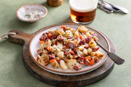 Corned beef hash with potatoes, cabbage and carrot on a plate served with beerの写真素材