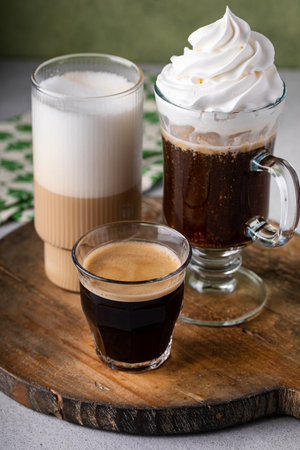 Variety of coffee or espresso drinks in different glasses with latte, viennise or irish coffee and espressoの写真素材