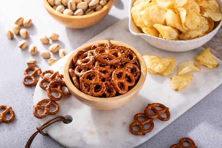 Variety of salty snacks on the table with pretzels, pistachios and potato chips, snacks that go well with beerの写真素材