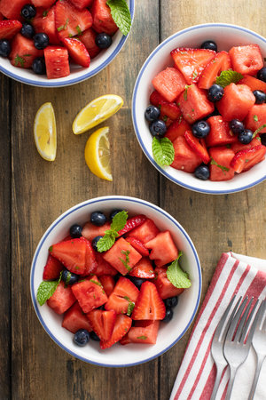 Fruit salad with watermelon and berries with fresh mint and lemon juice dressingの写真素材