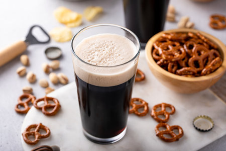 Dark stout beer in tall glasses, beer and snacks on the tableの写真素材