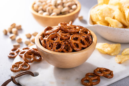 Variety of salty snacks on the table with pretzels, pistachios and potato chips, snacks that go well with beerの写真素材