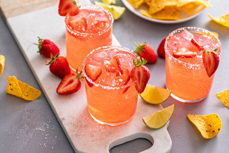 Strawberry margarita cocktail with lime and crushed ice served with tortilla chipsの写真素材