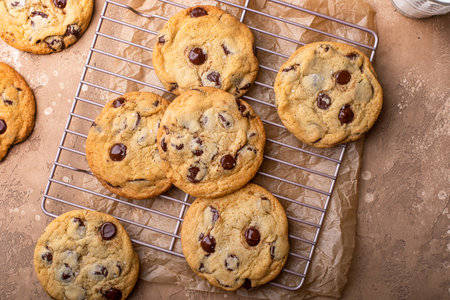 Chocolate chip cookies with flaky salt on a cooling rack, homemade freshly baked cookiesの写真素材