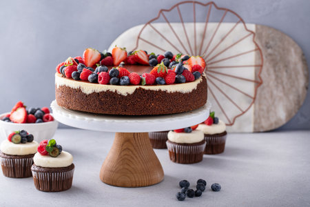 Chocolate and vanilla cheesecake topped with dark chocolate ganache and summer berriesの写真素材
