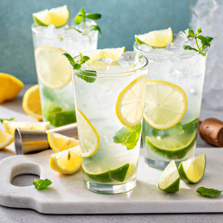 Lemon and lime mojito cocktail in tall glasses with lime and fresh mintの写真素材