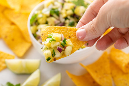 Fresh pineapple and jalapeno salsa in a bowl with tortilla chipsの写真素材