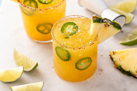 Pineapple jalapeno margarita cocktail in glasses with tajin rimの写真素材