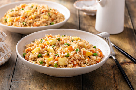 Pineapple fried rice with peas and carrots served in bowlsの写真素材