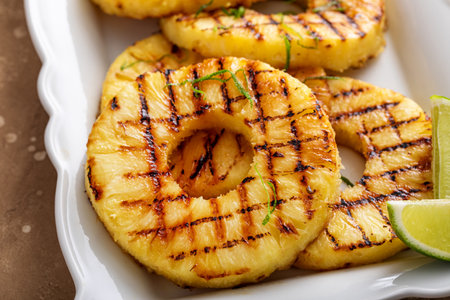 Grilled pineapple with lime honey glaze, lime zest and whipped creamの写真素材