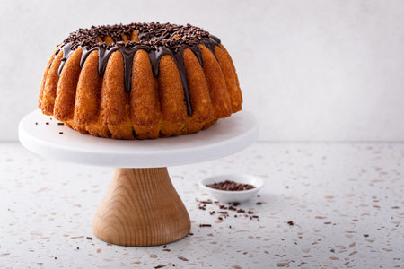 Orange pound bundt cake with dark chocolate ganache and chocolate sprinklesの写真素材