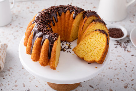 Orange pound bundt cake with dark chocolate ganache and chocolate sprinklesの写真素材