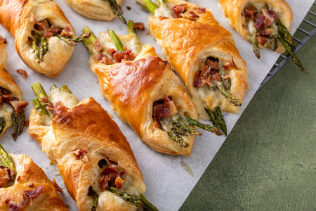 Puff pastry asparagus, cheddar and bacon tarts for breakfastの写真素材