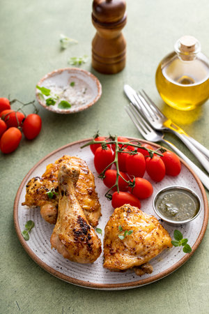 Roasted lemon and herb chicken drumsticks and thighs served with pesto sauceの写真素材