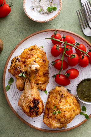 Roasted lemon and herb chicken drumsticks and thighs served with pesto sauceの写真素材