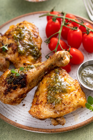 Roasted lemon and herb chicken drumsticks and thighs served with pesto sauceの写真素材