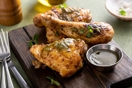 Roasted lemon and herb chicken drumsticks and thighs served with pesto sauceの写真素材