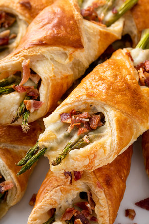 Puff pastry asparagus, cheddar and bacon tarts for breakfastの写真素材