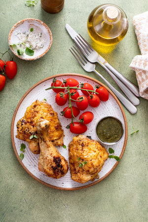 Roasted lemon and herb chicken drumsticks and thighs served with pesto sauceの写真素材