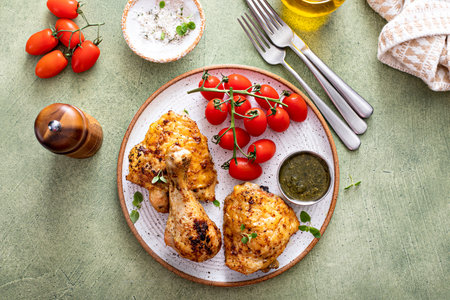 Roasted lemon and herb chicken drumsticks and thighs served with pesto sauceの写真素材