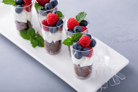 Chocolate mousse dessert shots for a party or a birthdayの写真素材