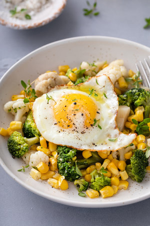 Healthy breakfast bowl with cooked vegetables and fried egg, with cauliflower, broccoli and cornの写真素材