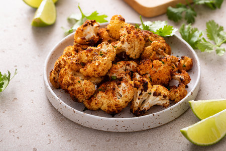 Roasted spicy cauliflower in a bowl, vegan side dish ideaの写真素材