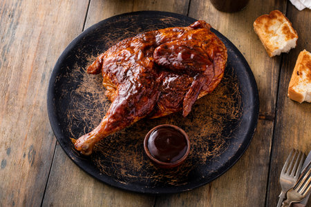 Barbeque smoked half chicken served with bbq sauce, salad and toastの写真素材