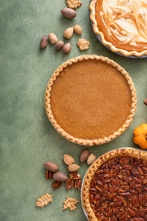 Variety of traditional Thanksgiving pies on green background with copy space, pumpkin and pecan piesの写真素材