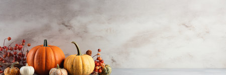 Decorative pumpkins on marble table, fall centerpiece for Thanksgiving dinner, banner with copy space, generative AIの素材