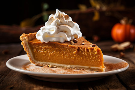 Slice of traditional pumpkin pie for Thanksgiving dinner, topped with whipped cream and cinnamon, generative AIの素材