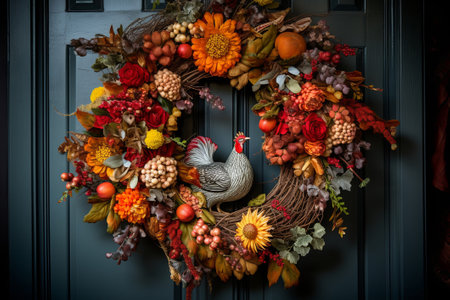 Festive Thanksgiving wreath on a door, generative AIの素材