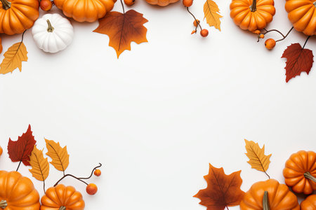 Fall background with pumpkins and fall leaves on a light surface, generative AIの素材