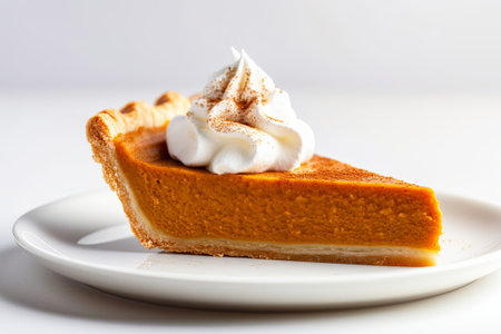 Slice of traditional pumpkin pie for Thanksgiving dinner, topped with whipped cream and cinnamon, generative AIの素材