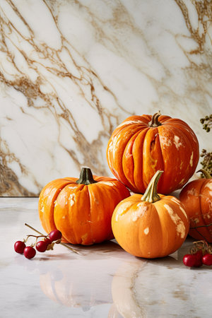 Decorative pumpkins on marble table, fall centerpiece for Thanksgiving dinner, generative AIの素材