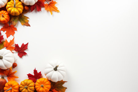 Fall background with pumpkins and fall leaves on a light surface, generative AIの素材