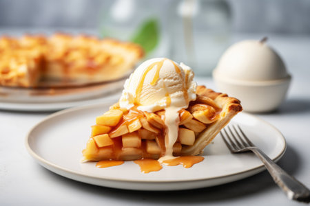Perfect slice of apple pie with caramel topped with a scoop of ice cream, generative AIの素材