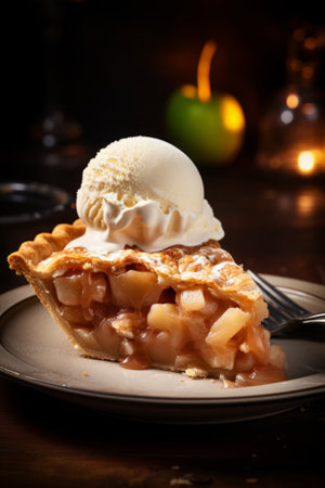 Perfect slice of apple pie with caramel topped with a scoop of ice cream in a rustic setting, generative AIの素材
