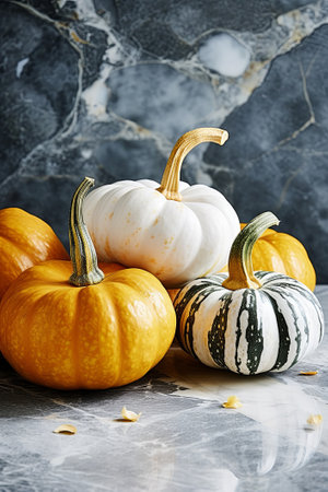 Decorative pumpkins on marble table, fall centerpiece for Thanksgiving dinner, generative AIの素材
